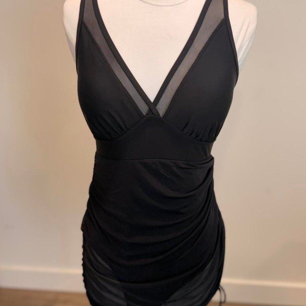 Black‎ Ruched Mesh Mini Dress 🖤✨
